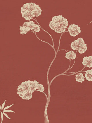 A close-up of the Crimson Garden wall art showing a cream silhouette pompom-topped tree on a crimson ground.