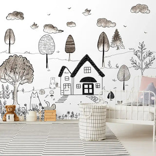 Pencil sketch theme kids wallpaper featuring a cozy house, trees, and animals in black and white, styled in a playful nursery with a striped rug and wooden toys.