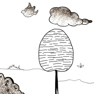 Close-up view of pencil sketch wallpaper showing a textured tree, flying bird, and cloud illustration in soft monochrome shading.