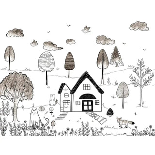 Full view of pencil sketch theme wallpaper depicting a whimsical landscape with trees, clouds, animals, and a little house in a hand-drawn style.