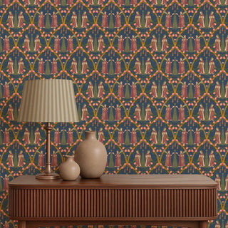 Devotees Indian Wallpaper Roll in Blue Color Living Room