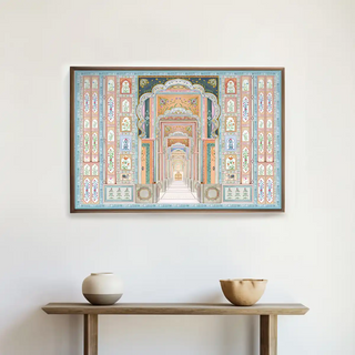 Dilli Darbar Indian Painting Wall Art displayed above a minimal wooden console with pottery decor, highlighting traditional craftsmanship in modern interiors.