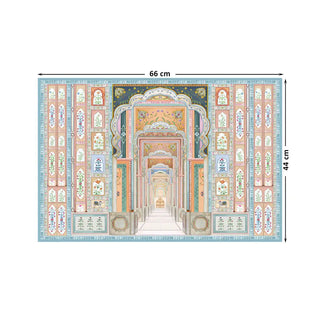 Dilli Darbar Indian Painting Wall Art Digital Print Poster in 44x66cm, showcasing intricate Mughal-style arches and pastel floral details in a heritage corridor.