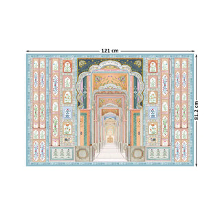 Dilli Darbar Indian Painting Wall Art Digital Print Poster in 81.2x121cm, depicting a grand symmetrical palace hallway with ornate Indian artistry.