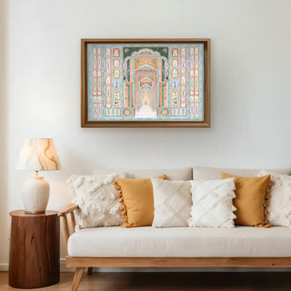 Dilli Darbar Indian Painting Wall Art framed above a cozy beige sofa with textured cushions, bringing regal Indian charm to a contemporary living space.