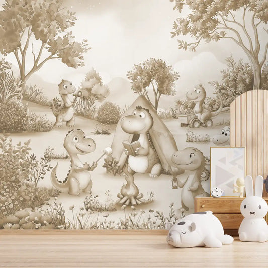 Dino Camp Kids Room Wallpaper Mocha Mist Play area