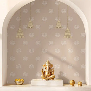 Beige Pichwai wallpaper with traditional motifs, designed for a pooja room or mandir.