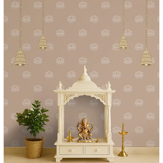 Beige Pichwai wallpaper with traditional motifs, designed for a pooja room or mandir.