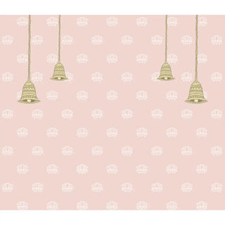 Patterned wallpaper with green bells on a pink background