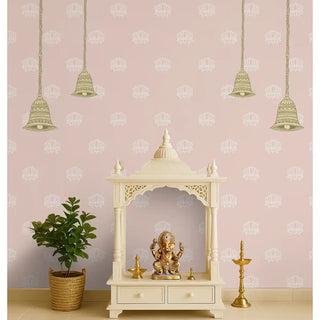 White wooden temple with gold decorations against a pink pichwai wallpaper with white patterns