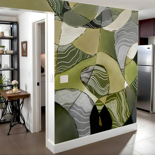 Earthen Mosaic Abstract Wallpaper in Green Color, Customised Livin Area 