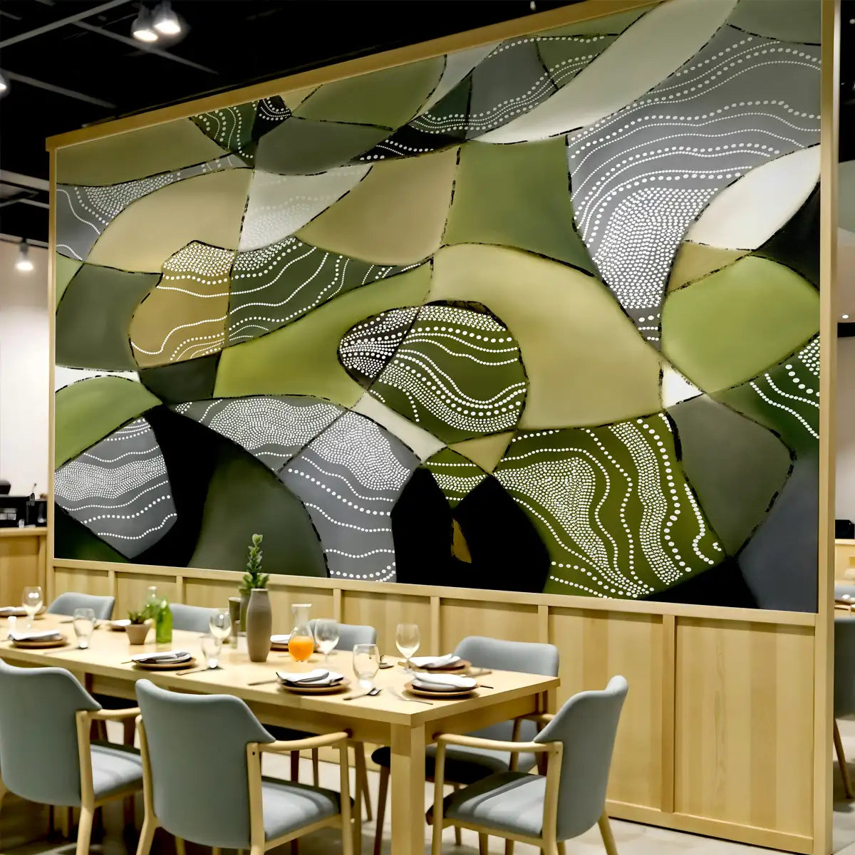 Earthen Mosaic Abstract Wallpaper in Green Color, Customised Dining Area 