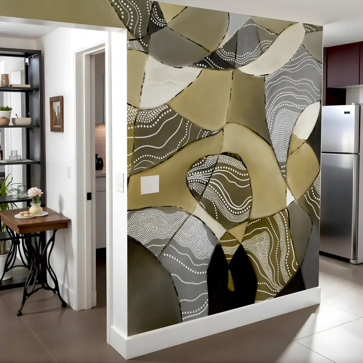 Earthen Mosaic Abstract Wallpaper in Olive Green Color, Customised living Area