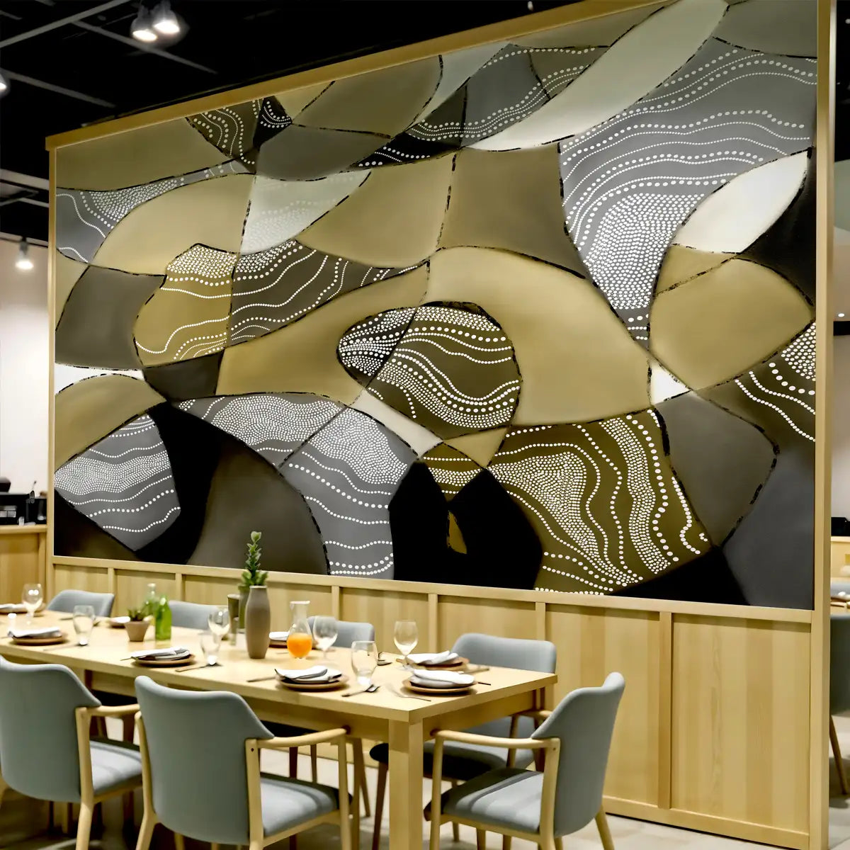 Earthen Mosaic Abstract Wallpaper in Olive Green Color, Customised Dining Area 