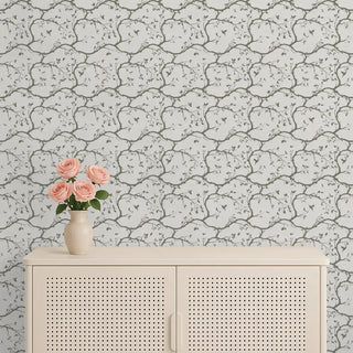 Echo Chinoserie Design Wallpaper Roll in Gray & Beige Living Area