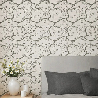 Echo Chinoserie Design Wallpaper Roll in Gray & Beige Bedroom