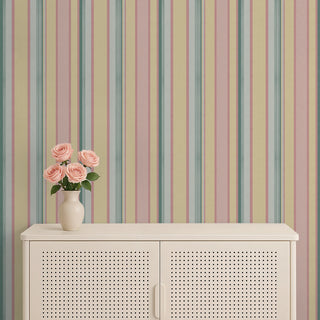 English Stripes Geometric Roll Wallpaper In Pink & Pastels Living Area