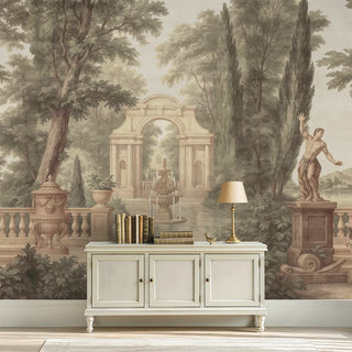 Decorative wallpaper with classical garden design featuring a white cabinet and decorative items.