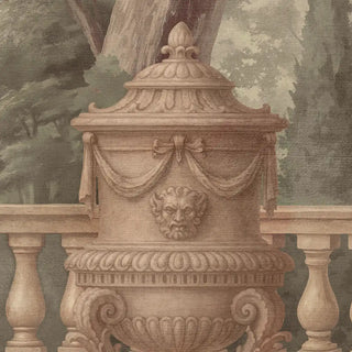 Decorative stone urn with lion head on a classical architectural background