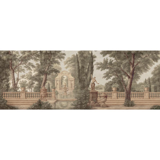 Decorative wallpaper with classical garden scene featuring statues and trees.