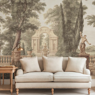 Beige sofa in a room with classical mural wallpaper