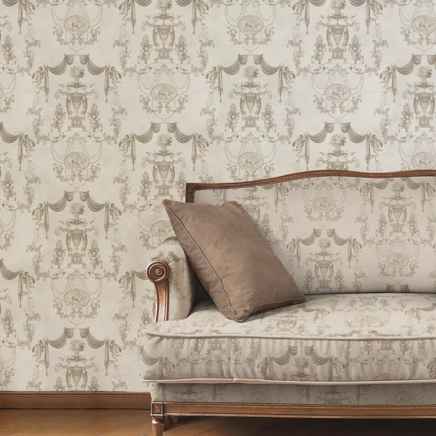 European tapestry repeat pattern wallpaper in off-white in a living room setting