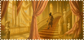 Panther Man walking up a staircase in an opulent room with classical architecture with curtains