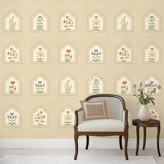 Floral Radiance Framed Jharokha Wallpaper for Rooms, Customised