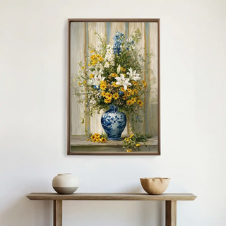 Floral Reverie European Wall Art displayed above a wooden console with neutral pottery, enhancing interior charm with floral artistry.
