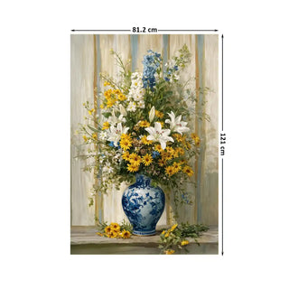 Floral Reverie European Wall Art Digital Print Poster in 81.2x121cm, depicting a lush floral arrangement in a blue vase with soft beige and pastel background.