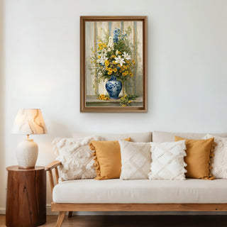 Floral Reverie European Wall Art framed above a beige sofa with mustard and cream cushions, blending European elegance with cozy home décor.