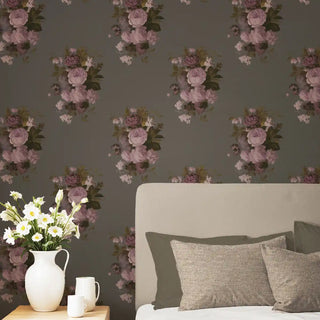 Florid English Vintage Floral Roll Wallpaper In Ash Grey Bedroom