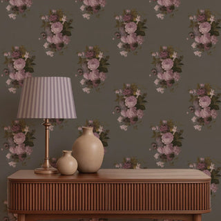 Florid English Vintage Floral Roll Wallpaper In Ash Grey Living Area