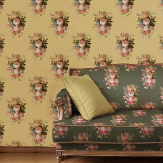 Florid English Vintage Floral Roll Wallpaper In Yellow Living Room