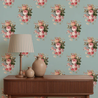 Florid Floral Roll Wallpaper In Blue Living Area