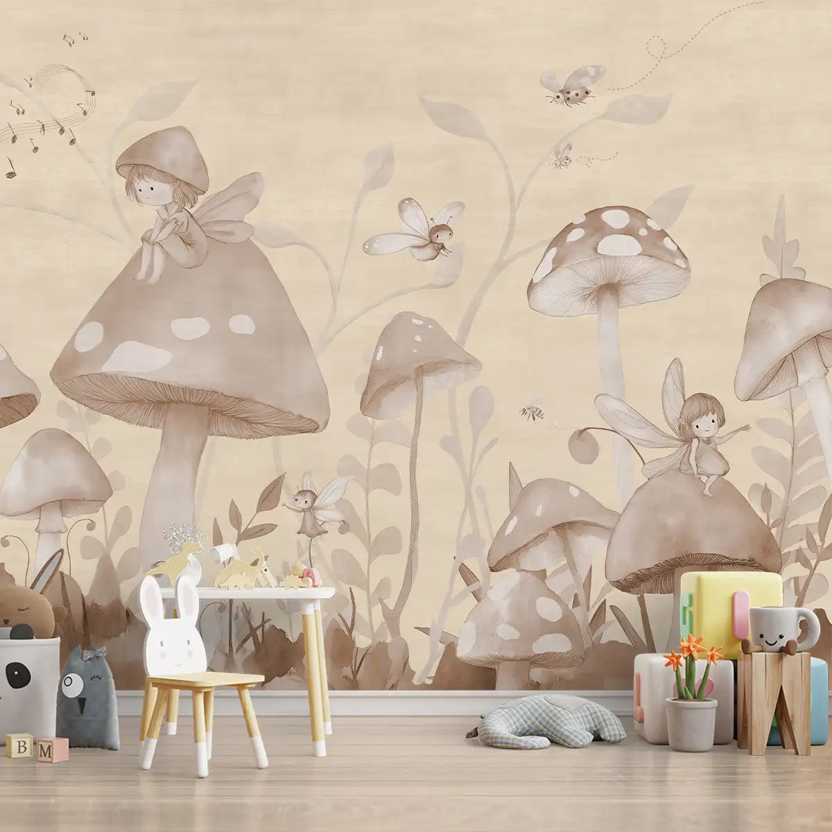 Forest Fairies Warm Monochrome Kids Room Wallpaper Play Area 