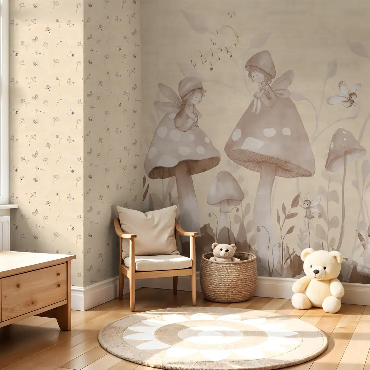 Forest Fairies Warm Monochrome Kids Room Wallpaper 