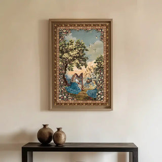 Garden of Tunes European Wall Art displayed above a minimalist console with pottery, adding vintage European charm to elegant interiors.