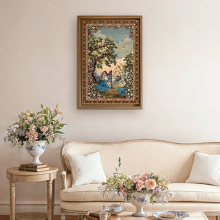 Garden of Tunes European Wall Art framed above a cream sofa in a floral-themed living room, evoking old-world European sophistication.
