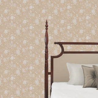 Gardenia Floral Design Wallpaper Roll in Cinnamon Cream Color Bedroom