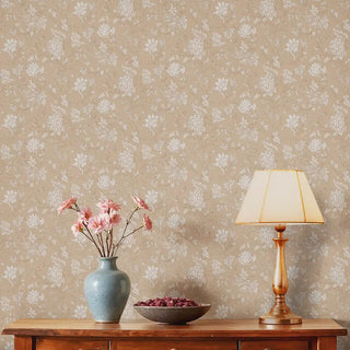 Gardenia Floral Design Wallpaper Roll in Cinnamon Cream Color Living Room