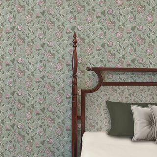 Gardenia Floral Design Wallpaper Roll in Green Color Bedroom