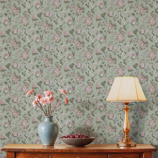 Gardenia Floral Design Wallpaper Roll in Green Color Living Room