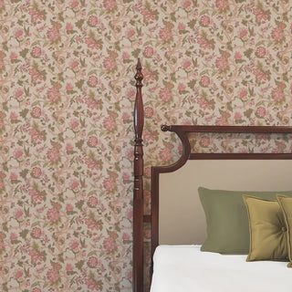 Gardenia Floral Design Wallpaper Roll in Dusty Rosewood Color Bedroom