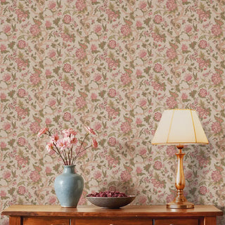 Gardenia Floral Design Wallpaper Roll in Dusty Rosewood Color Living room