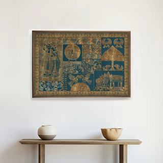 Geet Madhubani Indian Wall Art displayed above a minimal console with neutral pottery, blending traditional Indian craft with modern home décor.