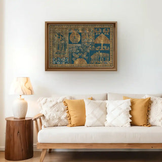 Geet Madhubani Indian Wall Art framed above a beige sofa with mustard cushions, adding a touch of royal Indian artistry to the living space.