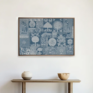 Geet Madhubani Vintage Blue Indian Wall Art displayed above a minimalist wooden console with neutral pottery, perfect for a serene home décor setup.