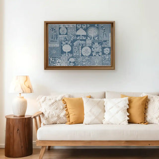 Geet Madhubani Vintage Blue Indian Wall Art framed above a beige sofa with mustard cushions, adding ethnic charm to modern interiors.