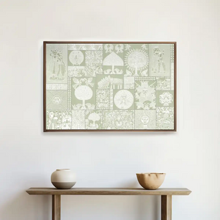 Geet Madhubani Vintage Light Green Indian Wall Art displayed above a minimal console with pottery décor, adding a serene touch of Indian craft to modern homes.